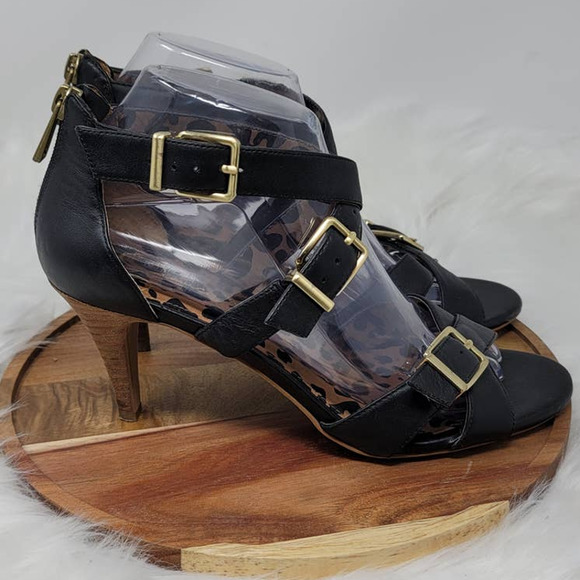 Jessica Simpson Eugenia Black Leather Gold Buckle Open Toe Heels Sandals 8B - Picture 2 of 7